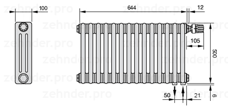 Схема (чертеж) Радиатор Zehnder Charleston 3050/14 №V002 Белый глянцевый RAL 9016